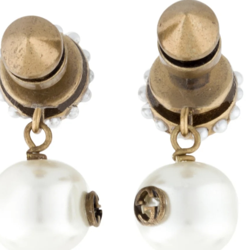 GUCCI pearl w logo inverted stud gold drop earrings - Picture 4 of 10